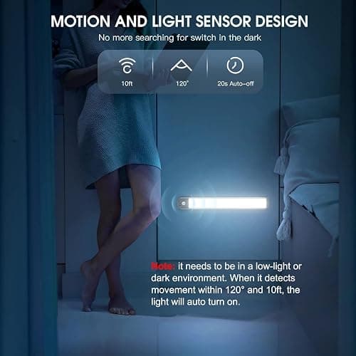 MCGOR 10inch Under Cabinet Lighting, 2 Pack Rechargeable Motion Sensor Light Indoor, 5 Levels Dimmable Magnetic Closet Lights, Wireless Under Counter Lights for Kitchen, Stairs thumbnail 4