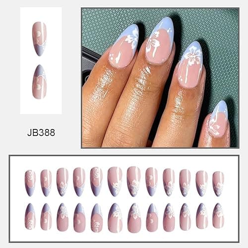 SWEKKE Short Almond Press-On Nails - Blue French Tip With White Flower Design - Glossy Stick-On Acrylic Nails for Women and Girls - 24 Pieces thumbnail 4