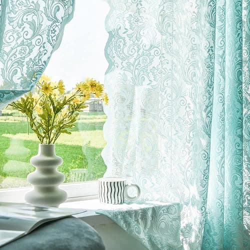 ALIGOGO Mint Green Curtains for Bedroom - Lace Sheer Seafoam Aqua Curtains 63 Inches Length for Baby Girl Bedroom, Rod Pocket Ocean Coastal Beach Summer Decor 52 W x 63 L, 1 Pair, Aqua thumbnail 3