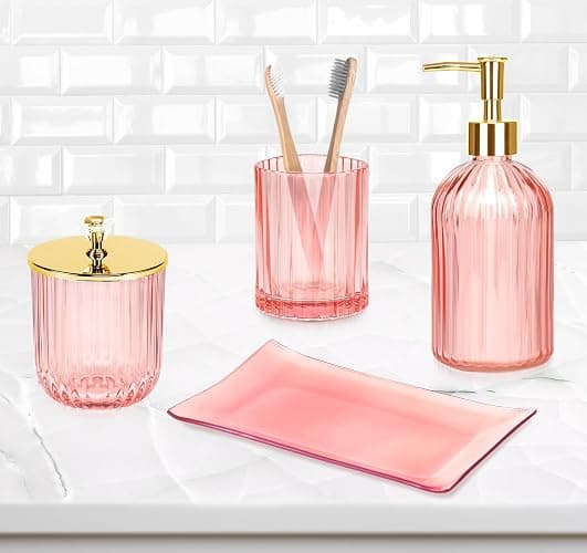 Haturi Bathroom Accessories Set, 4 Pcs Pink Glass Bathroom Accessories Sets Complete w/Lotion Soap Dispenser, Toothbrush Holder, Apothecary Jar, Vanity Tray, Bathroom Decor, Gift for Home Apartment | Kit w/ Bathroom Soap Dispenser Set, Toothbrush Holder, Qtip Holder, Vanity Tray, Pink Bathroom Decor, Gift for Home Apartment thumbnail 7