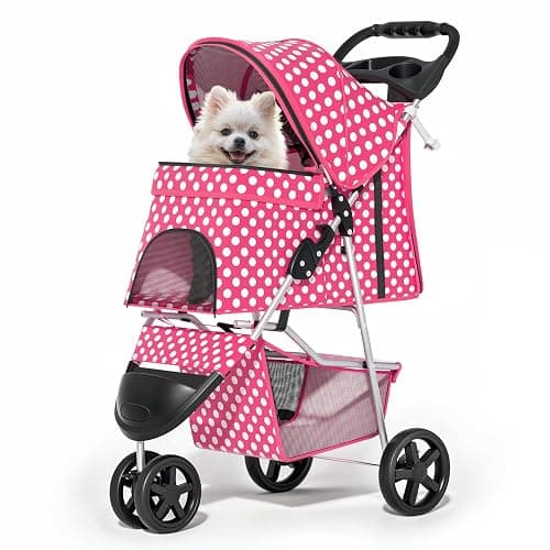 MoNiBloom 3 Wheels Pet Dog Cat Stroller for Small Medium Dogs Cats, Foldable Jogger Stroller w/Storage Basket and Cup Holder, Hot Pink Polka Dots - Image 1
