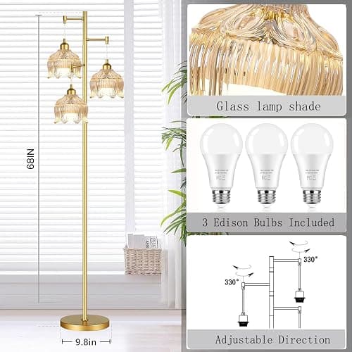 WLQCWL Vintage Floor Lamps for Living Room Bedroom-3 Light Gold Floor Lamp with Glass Lampshape, Flower Tall Lamp Glass Mid Century Standing Lamp Tree Floor Lamp for Living Room Corner thumbnail 5