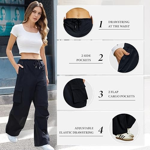 COPYLEAF Cargo Pants Women Low Waisted Parachute Pants with Pockets Loose Baggy Hiking Pants Y2K Clothes thumbnail 6
