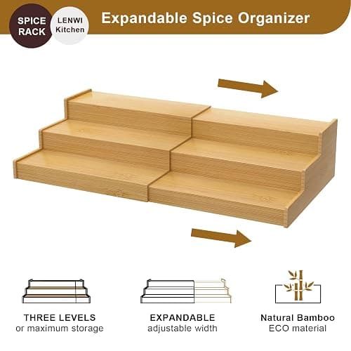 Lenwi Spice Rack Organizer for Cabinet, 3 Tier Expandable Bamboo Spice Storage, Great for Kitchen Cabinet, Cupboard,Pantry and More thumbnail 3