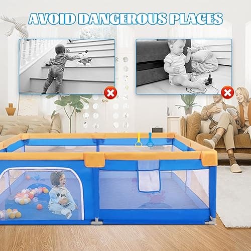 Arejonner Baby Playpen for Toddlers: 6.56x6.56 ft Kid-Safe Enclosed Play Yard | Non-Slip Base, Breathable Mesh - Easy-Portable for Indoor & Outdoor Baby Play Spaces - Blue thumbnail 8