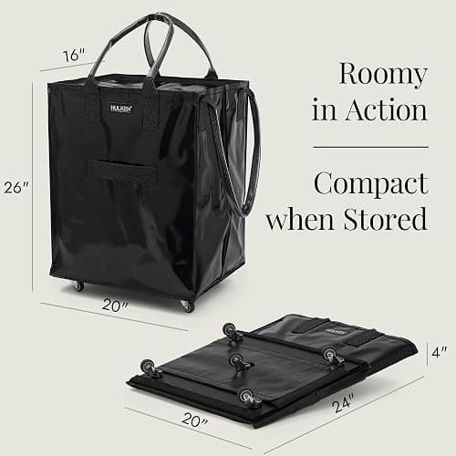 HULKEN - Large, Black - Reusable Grocery Bag On Wheels, Shopping Trolley, Rolling Tote, Zipper Closure, Lightweight, Carries Up to 66 lb & Fits 5 Grocery Bags, Folds Flat, Unbreakable Handles thumbnail 4