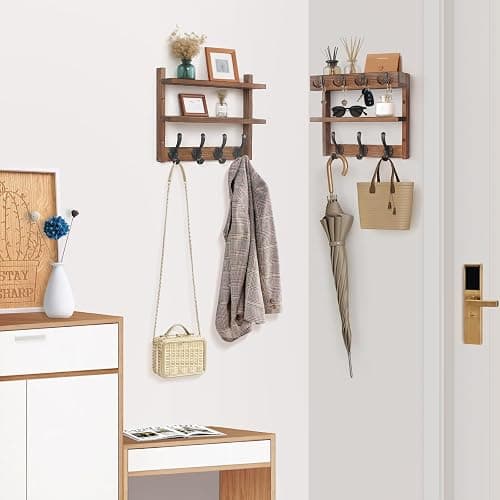 29" Coat Rack Wall Mount with Shelf, Pine Two-Tier Wall Shelf Mounted Coat and Key Hanger with 7 Heavy Duty Hooks 4 Key Hooks, Entryway Key Holder with Mail Holder for Bedroom,Living Room (Brown) thumbnail 4