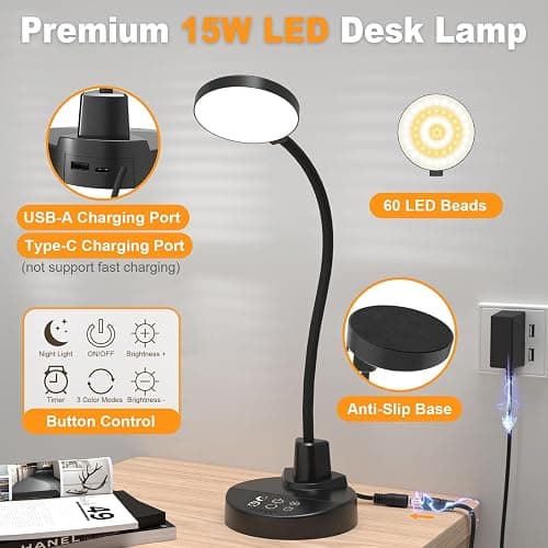 15W LED Desk Lamp with USB Charging Ports – Dimmable Table Lamp with 3 Color Temps, 5 Brightness, 4 Timers, Flexible Gooseneck Light with Base, Eye-Caring Reading Light for Home Office, Bedroom, Study thumbnail 8