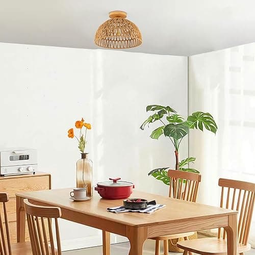 OCWHT Boho Rattan Ceiling Light Fixtures Boho Lamp Shade Flush Mount Ceiling Light Hand-Woven Small Chandelier Wooden Base Chandelier Light for Hallway Bedroom Kitchen Nursery - Brown thumbnail 9