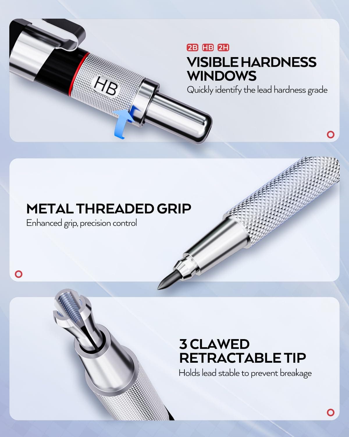 Nicpro 6pcs Mechanical Pencils Set, 3pcs 2mm Lead Holder, Clutch Propulsion Drawing Pen 0.5mm & 0.7mm & 0.9mm for Writing, Sketching, with 12 Tubes Lead Refills (2B 2H HB) thumbnail 2