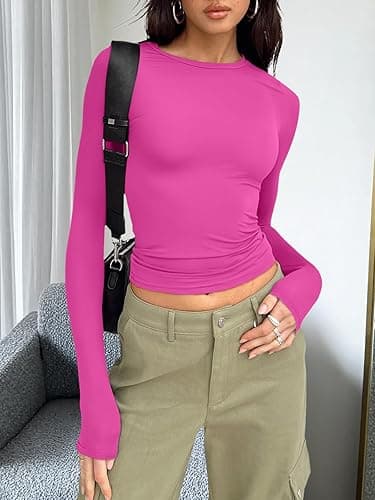 Trendy Queen Womens Long Sleeve Shirts Fall Fashion 2025 Basic Crop Tops Going Out Workout Outfits Y2k Clothes - Small - Hot Pink thumbnail 6