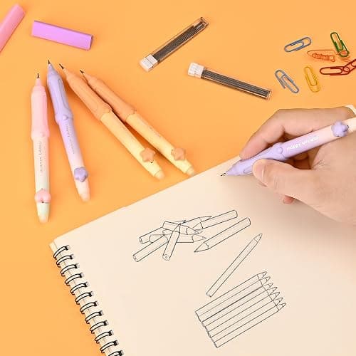 Temiary Cute Mechanical Pencil Set with Case, 6 Pcs Medium Point 0.9 mm Pencils with 2 Tubes HB Lead Refills, 4 Pcs Erasers for School Supplies Student Writing, Drafting Sketching (Pastel) thumbnail 7