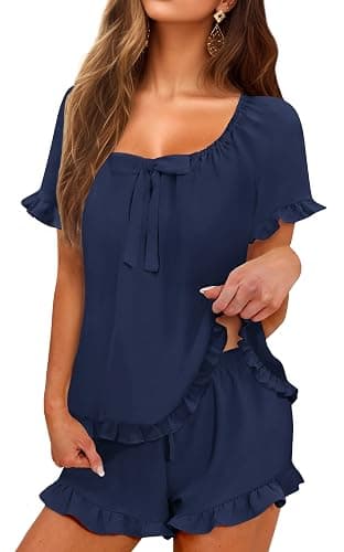 KFUBUO Womens Pajamas Set 2 Piece Ruffle Pj Soft Short Sleeve Tops and Shorts Sleepwear Set Cute Pajama Sets for Women - Image 1