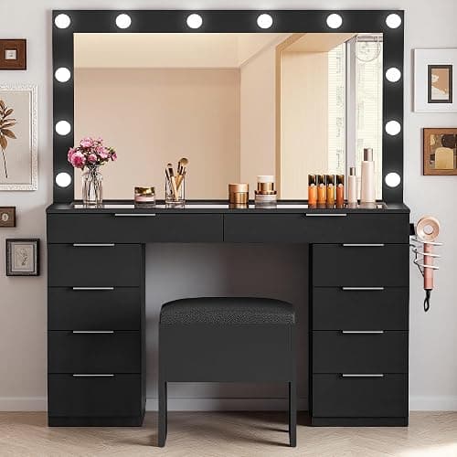 DWVO 46'' Glass Top Vanity Desk with 10 Drawers, Makeup Vanity Set with with Large Mirror and 12 LED Lights, Dressing Table with Charging Station & Storage Chair, 3-Color Light Modes, Black thumbnail 3
