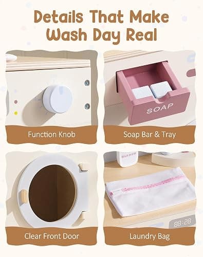 ROBUD Wooden Toy Washing Machine Play Kitchen Set, Seasalt Blue Multi-Functionl Play Washing Machine with Toy Accessories for Nursery, Playroom, Birthday Gift to Kids Age 3+, WCF69 thumbnail 5