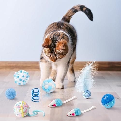 MALLMALL6 10Pcs Cat Toy Set Including Cat Springs Feather Teaser Wand Mice Crinkle Balls and Pet Bell Balls, Puzzle Interactive Pet Gift Pack Toys for Indoor Kitten (Blue) thumbnail 5