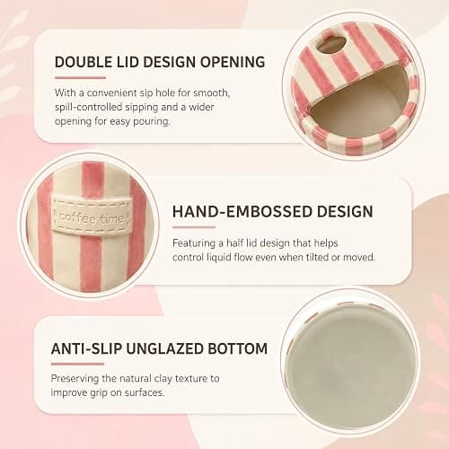 KOIMYSA Ceramic Coffee Mug with Sip Hole, 12oz To Go Ceramic Mug Striped | Cute Aesthetic Mug for Espresso Latte Cappuccino, Handmade Glazed Cup for Home Office Gift Use, Pink thumbnail 9