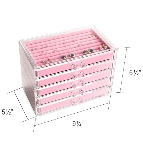 Frebeauty Extra Large Acrylic Jewelry Box for Women 5 Layers Clear Jewelry Organizer Velvet Earring Box with 5 Drawers Rings Display Case Necklaces Holder Tray for Women Girls(Pink) thumbnail 3