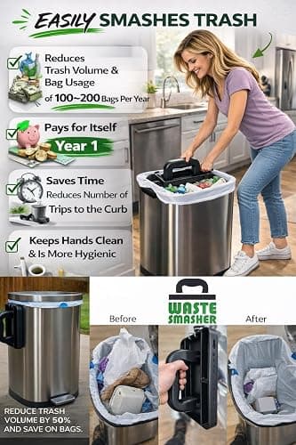 Waste Smasher - Manual Trash Compactor Tool - Hand-Held Garbage Press with Built-in Hook - for Kitchen Waste Bin - Space Saving Design - No Batteries Required - Freestanding - Black thumbnail 9