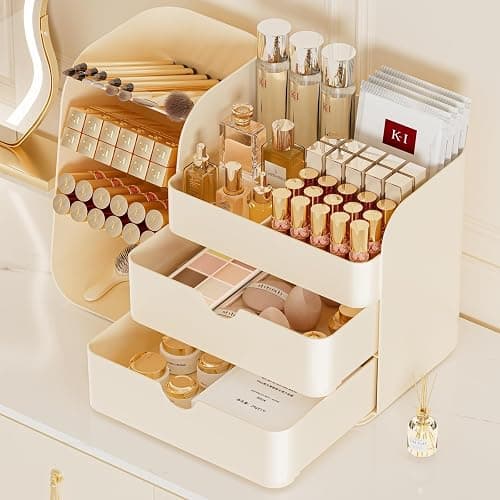 Makeup Organizer with Brush Holder for Vanity,Countertop Makeup Organizer with Drawers,Spacious Cosmetic Display Case,Perfect Storage Solution for Your Beauty Essential (Cream, Large) thumbnail 5