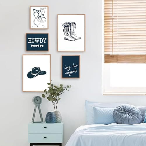Riveda 5 Pcs Navy Blue Cowgirl Wall Art Cute Girly Western Prints Coquette Posters Preppy Coastal Blue Print Vintage Wild Western Gallery Picture Canvas Trendy Dorm Decor Unframed (8"*10"x3+12"*16x2) thumbnail 5