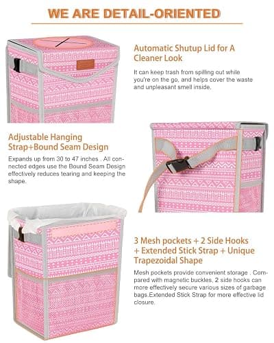 Pritent Car Trash Can with Lid, Cute Leakproof Car Trash Garbage Bag Hanging Vehicle Trash Bin Small Portable Automotive Garbage Cans Organizer for Back/Front Seat/Console(Trapezoid,Pink Print) thumbnail 4