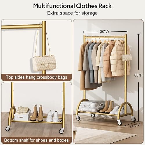 MISSLO Heavy Duty Clothing Rack with Wheels Rolling Clothes Racks for Hanging Clothes, Coats, Garment, Dress, Gold, 30" W thumbnail 5