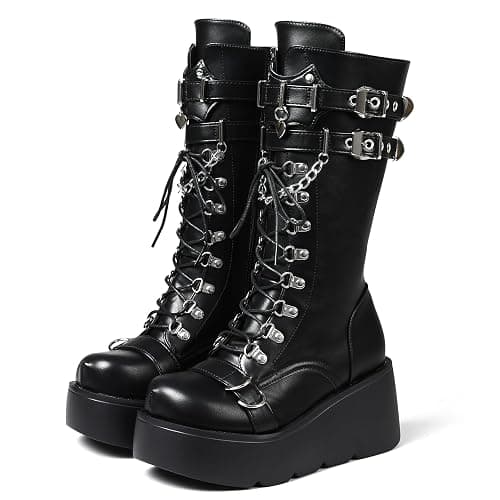 Yremael Women's Black Platform Boots Wedge Combat Gothic Chunky Heel Lace Up Mid Calf Punk Motorcycle Shoes thumbnail 2