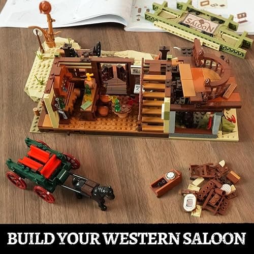 INSOON Western Saloon Building Set with LED Light, Wild West Building Block Toy 1727 PCS, Old West Construction Model with Horse Stable Cowboy Hat, House Building Kit Gift for Adults Teens 12+ thumbnail 9
