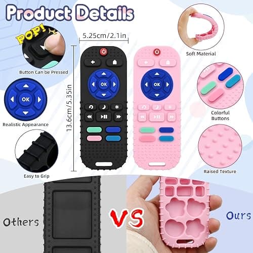 AiTuiTui 2 Pack Baby Teether for Teething Relief Baby Toys 0 3 6 12 Months, Sensory Silicone Remote Control Baby Teether Toy for Babies Newborn Infant Boy Girl Autism Toys for Baby Gifts, Black & Pink thumbnail 5