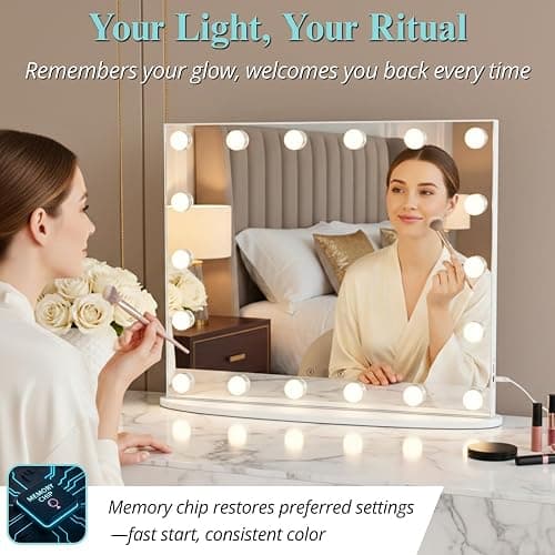 LUXFURNI Vanity Mirror with Lights, 23.6" x 20.5" Hollywood Mirror, Light Up Makeup Mirror with 18 LED Bulbs for Bedroom Desk, 3 Color Lighting Modes, Tabletop & Wall Mount, USB Charging Port thumbnail 8