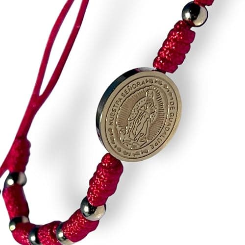 Our Lady of Guadalupe Medal Bracelet – Red Macrame Adjustable Cord – Catholic Religious Jewelry with Silver Beads – Handmade Spiritual Gift thumbnail 2