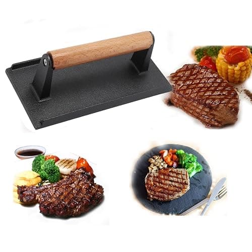 CROWNSHOP Steak Press Cast Iron Grill Burger Press Rectangle Steak | Meat Bacon Press with Wooden Handle for Burger Grilled Sandwich Quesadilla Steak（ 20 x 10 cm ） thumbnail 3