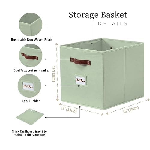DECOMOMO Storage Bins, Storage Baskets for Shelves | 13" x 15" x 13" Storage Cube Bins with Labels for Organizing Shelves (Kallax, 4pcs, Sage Green) thumbnail 3