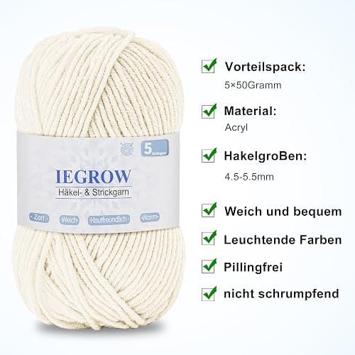 iEGrow Handstrickgarn 250 g, Häkelgarn, Acrylgarn zum Stricken, Häkelgarn für Anfänger, Geeignet für Stricken, Häkeln und Handarbeiten, Weich und bequem (5 x 50 g) Reines Weiß thumbnail 2
