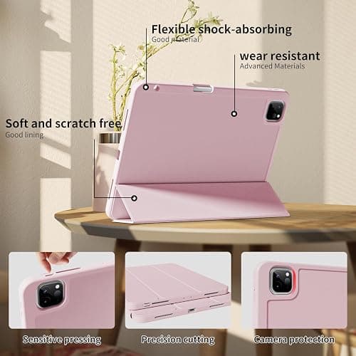 JKSML Hülle für iPad Pro 13 Zoll (M5/M4) 2025/2024 mit Stifthalter, Dreifach Faltbare Ständer, Unterstützt Pencil Pro/USB-C, TPU Flexible Rückseite & Schlafen/Wachen,Rosa thumbnail 3