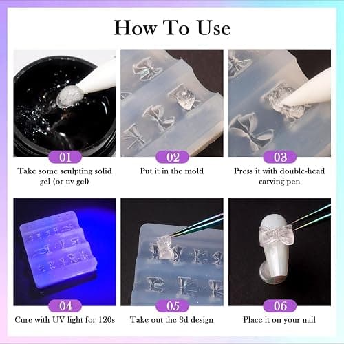 Laza 4pcs 3D Silicone Nail Art Molds Multiple Flower Shapes Nail Molds | Reusable Nail Molds for Nail Art, Good Elasticity, Acrylic 3D Spring Summer Flower Nail Charms Molds with Scraper & Pen thumbnail 7