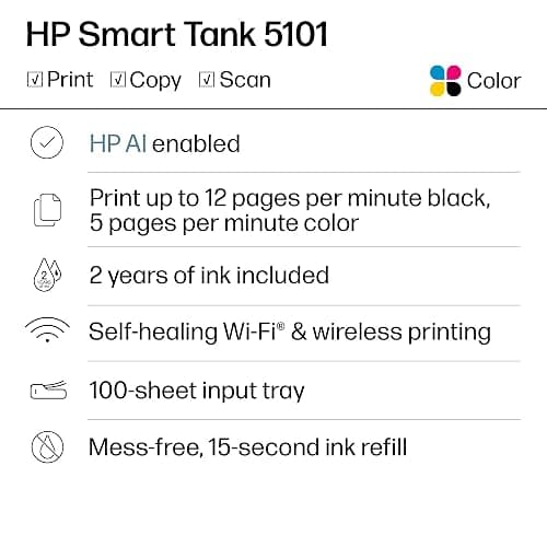 HP Smart Tank 5101 Wireless All-in-One Refillable Printer, Scanner, Copier with 2 years of Ink included, Wireless printer-for-home use an EcoTank Alternative (1F3Y0A) thumbnail 2