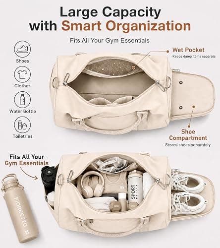 FIORETTO Womens Gym Tote Duffle Bag with Wet Pocket & Shoe Compartment, Sports Duffel Overnight Weekender Hospital Workout Carry on Bag for Girls, Ideal for Travel, Swimming, Dance, Ballet Beige thumbnail 3