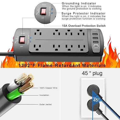 10 Feet Surge Protector Power Strip - Nuetsa Extension Cord with 8 Outlets and 4 USB Ports, Flat Plug, 2700 Joules, for Home, School, College Dorm Room, and Office, ETL Listed, Black thumbnail 6