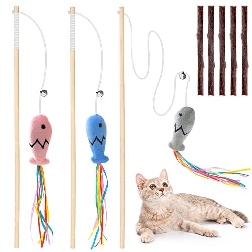 Natural Wood Cat Wand Toy with Ribbon Fish Teaser - 3pcs, 16 Inch, Indoor Cat Exerciser & Playing Kitten Toy, Bonus 5pcs Catnip Sticks for Teeth Cleaning - Image 1