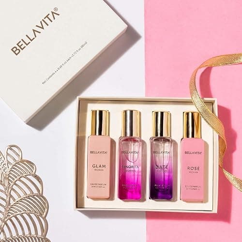 BellaVita Luxury Women's Perfume Gift Set (4x20ml) | Notes of Floral, Sweet, Spicey Red Fruit, Vanilla & Musk | DATE, SENORITA, GLAM & ROSE | French Parfum Collection Gift Set thumbnail 3