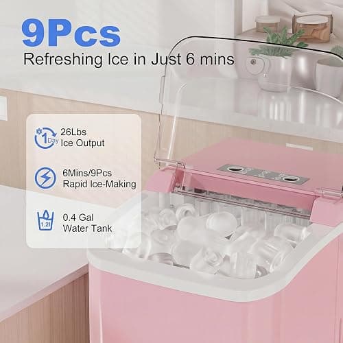 NEWBULIG Ice Makers Countertop with Handle, Portable Ice Machine, 9 Bullet Ice Cubes in 6 Mins, 26lbs in 24Hrs, Auto-Cleaning, with Basket and Scoop, for Home, Kitchen, RV, Camping,Pink thumbnail 4