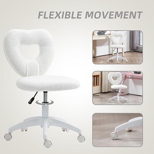 HOMCOM Armless Office Desk Chair, Height Adjustable Computer Task Chair, Modern Teddy Fleece Makeup Vanity Chair with Swivel Wheels, White thumbnail 6