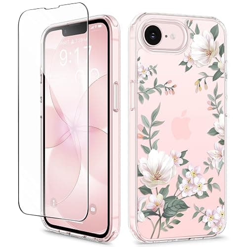 GVIEWIN for iPhone 17e Case & iPhone 16e Case with Screen Protector, [Non-Yellowing][Military-Grade Protection] Hard PC&TPU Bumper, Floral Shockproof Protective Clear Phone Case (Magnolia/White) - Image 1