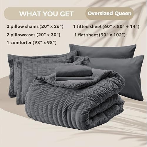 HYMOKEGE Oversized Queen Comforter Set Seersucker 7 Pieces, All Season Luxury Bed in a Bag for Bedroom, Bedding Set with Comforter, Sheets, Pillowcases & Shams, Dark Grey thumbnail 5