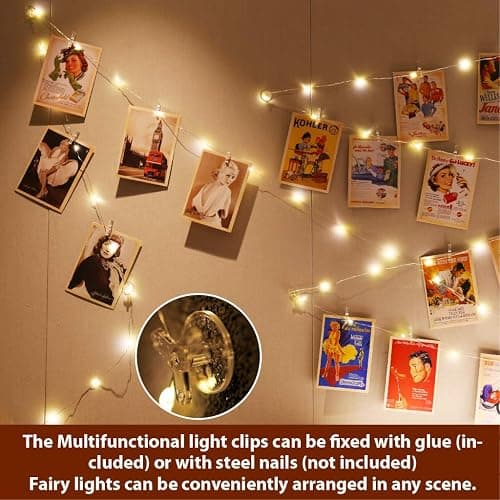 HXWEIYE Warm White Photo Clips String Light, Timer & 8 Modes, 33Ft 100LEDs Battery Powered Fairy Light with 52 Clear Clips & 12 Hooks on Wall for Hanging Picture,Bedroom Party thumbnail 2
