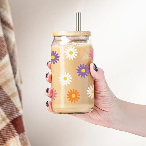 GSPY Daisy Aesthetic Gifts, Iced Coffee Cup, Cute Glass Cups with Lids and Straws - Cute Mugs, Flower Mug, Glass Tumbler - Retro, Christmas, Birthday Gifts for Women, Coffee Lovers, Friend, Girls, Mom thumbnail 5