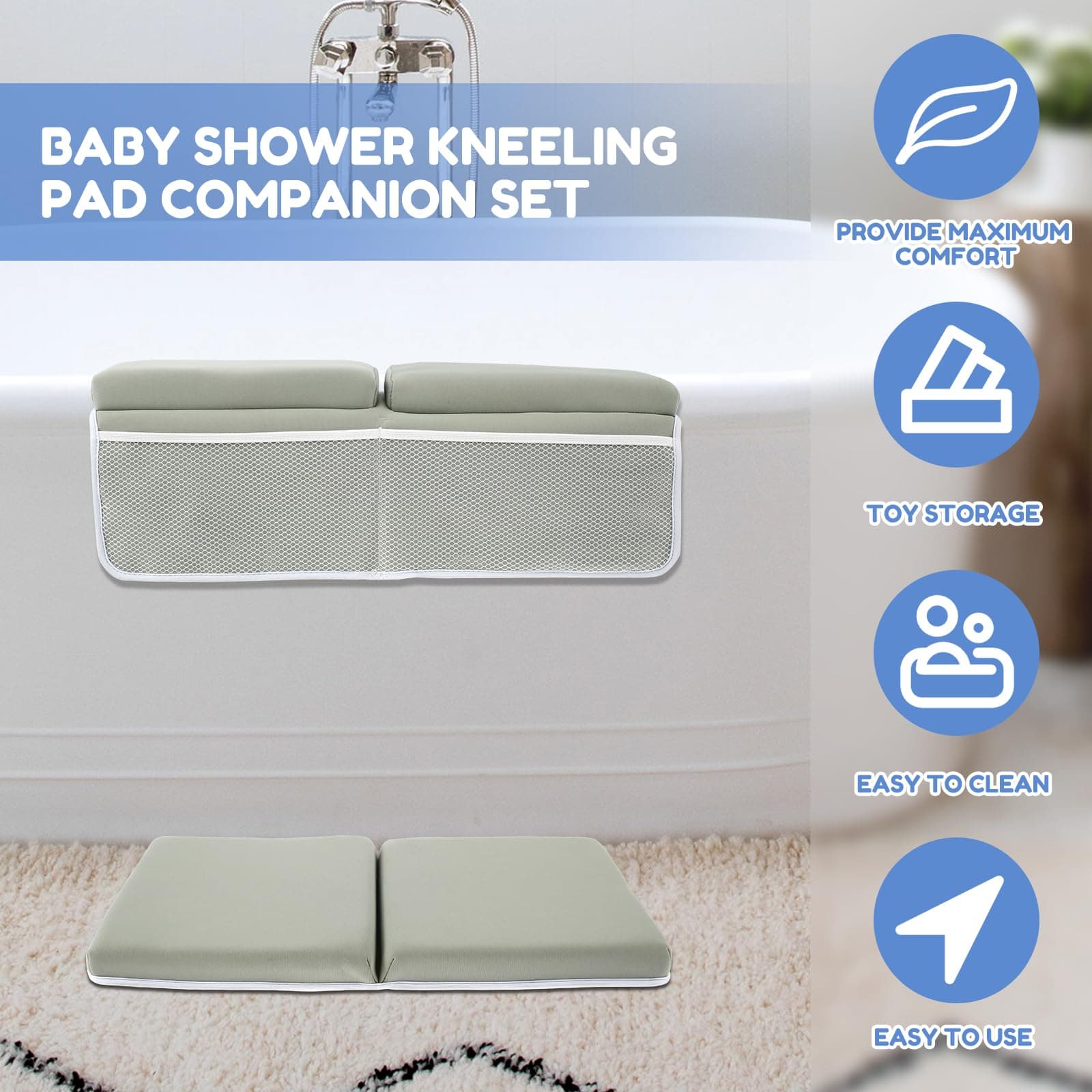 Baby Bath Kneeler and Elbow Rest Pad Set, Bath Kneeling Pad, Anti-Slip Baby Bath Support Mat with 4 Organizer Pockets, Foam Kneeling Bath Pad, Washable Bath Tub Elbow Pad for Toddler Bathroom thumbnail 2