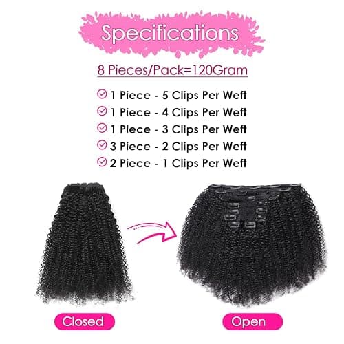 Afro Kinky Curly Clip In Hair Extensions 120g 100% Virgin Human Hair for Black Women 4B 4C Natural Black Seamless Clip Ins Double Weft Thick Ends 8Pcs 20 Clips 16 Inch thumbnail 4